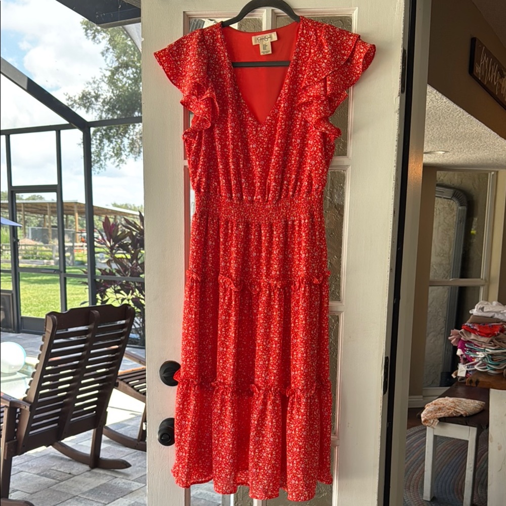 Jessica Simpson Floral Red Ruffle Dress